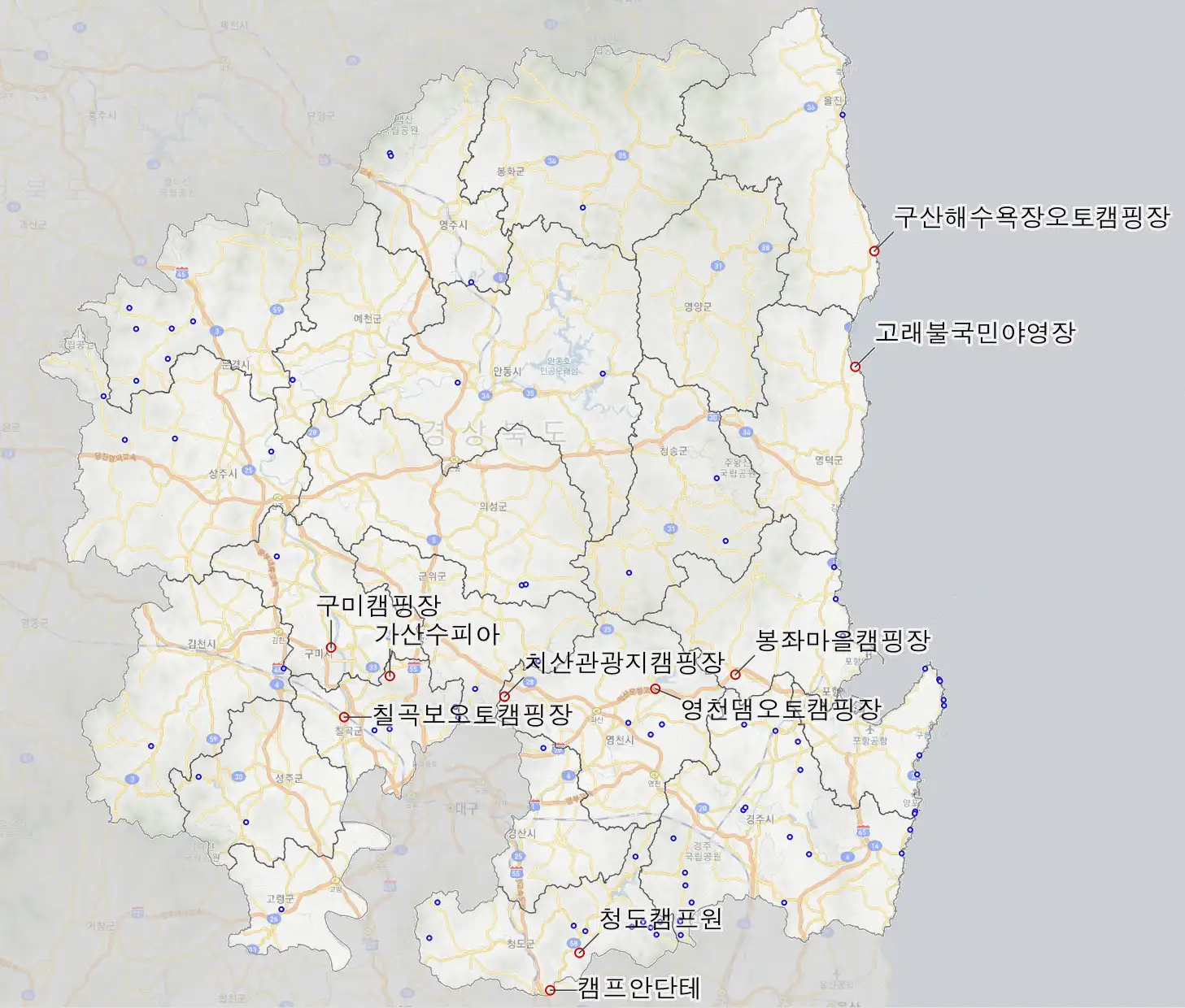 경북 캠핑장 위치도