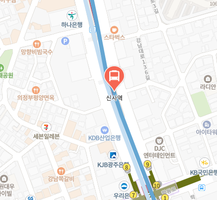 신사역에서 인천공항 리무진 공항버스(6009번) 지도 위치