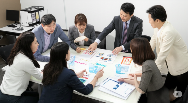 위험성평가 회의에서 개선 대책에 대해 토론하고 있는 다양한 연령대의 남녀 근로자들