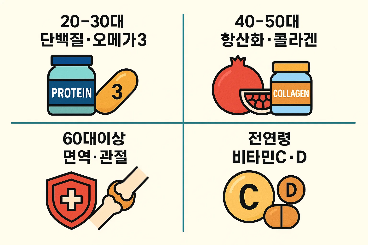 20~30대 단백질과 오메가3, 40~50대 항산화 성분과 콜라겐, 60대 이상 면역 및 관절 보조제, 전 연령대 비타민 C&middot;D가 중요한 트렌드를 정리한 인포그래픽입니다.