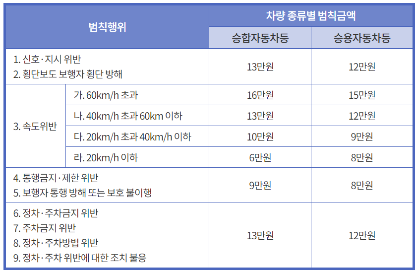 어린이 보호구역 신호위반 범칙금, 과태료, 벌점
