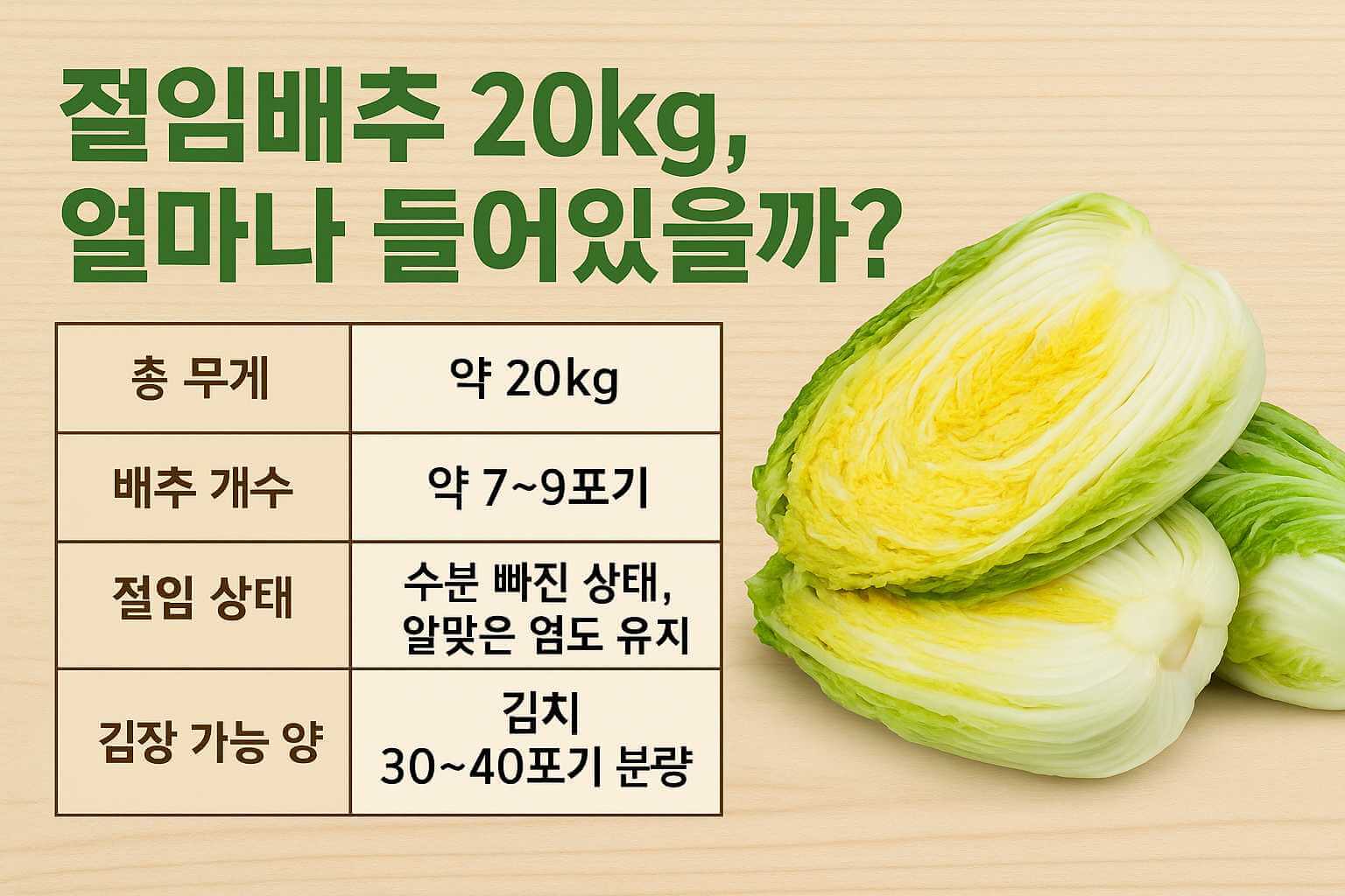 절임배추 20kg 구성 안내 인포그래픽 &ndash; 총 무게 20kg, 배추 개수 약 7~9포기, 수분 빠진 절임 상태, 김치 30~40포기 분량, 나무 배경 위 신선한 절임배추 이미지 포함