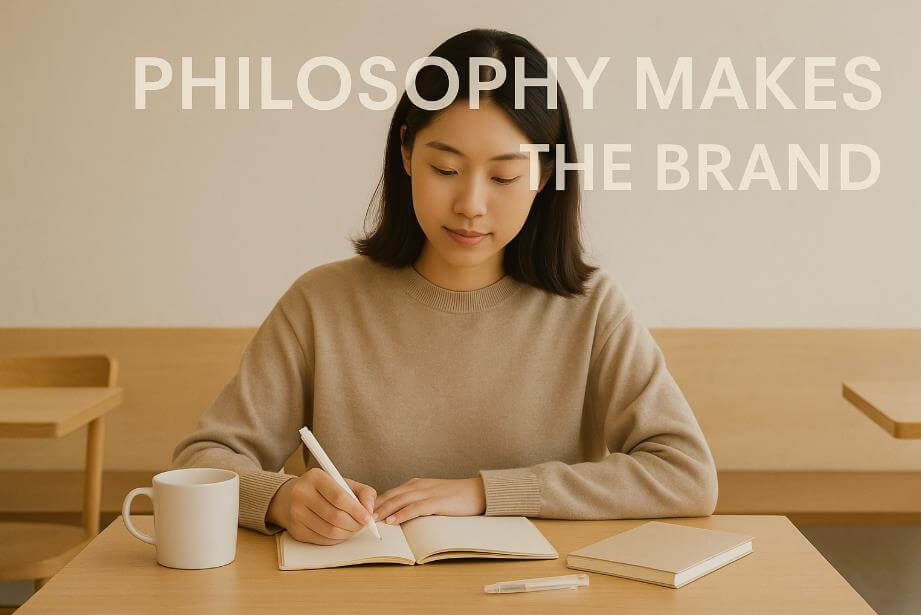 미니멀 카페에서 MUJI 제품을 사용하는 여성 모습.