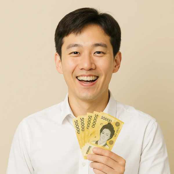 5만원권 지폐를 들고 밝게 웃는 한국인 남성의 이미지