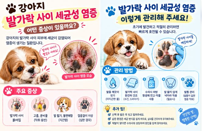 강아지 발가락 사이 세균성 염증, 원인과 치료법|발 핥기·붓기·고름 대처법