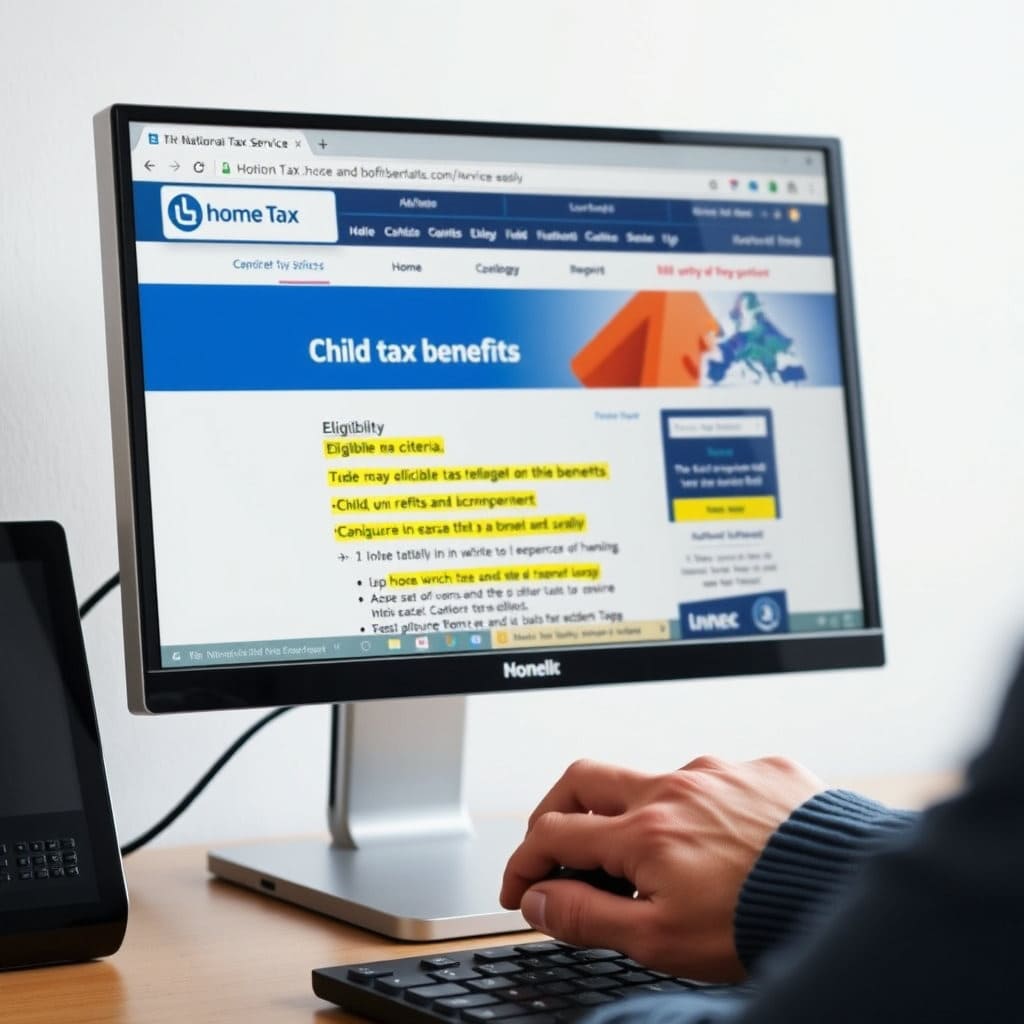 컴퓨터 모니터 화면에 국세청 홈택스 웹사이트의 자녀장려금 관련 페이지가 열려 있고, 자격 요건 항목들이 강조되어 있습니다. 사용자가 마우스를 스크롤하거나 중요한 내용을 읽고 있는 모습을 표현합니다. 신청 전 자격 확인의 중요성을 나타냅니다. 실제 웹사이트 화면을 참고한 디자인 또는 스크린샷 스타일입니다.