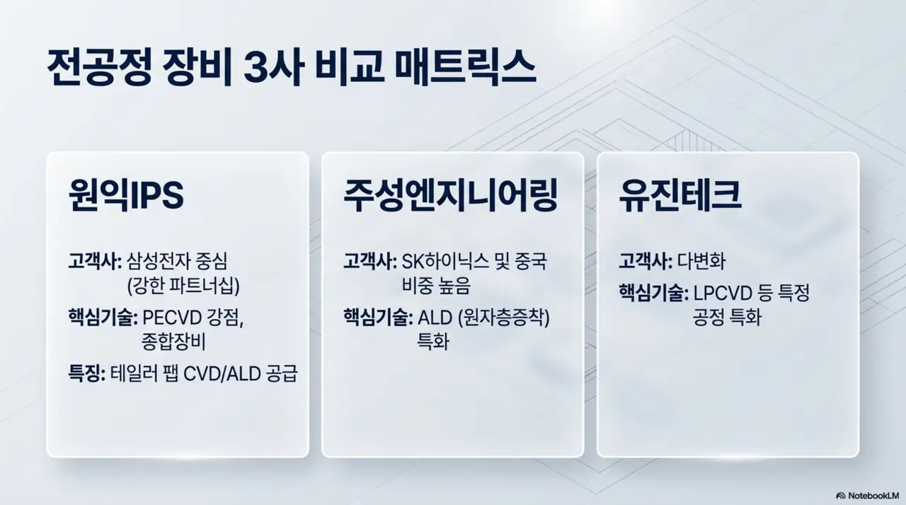 원익IPS&middot;주성엔지니어링&middot;유진테크의 전공정 장비 3사 비교 매트릭스 이미지. 원익IPS는 삼성전자 중심 PECVD 강점&amp;#44; 주성엔지니어링은 SK하이닉스&middot;중국 중심 ALD 특화&amp;#44; 유진테크는 LPCVD 특화라는 차이를 시각적으로 전달함. 블로그의 원익IPS 경쟁사 비교와 관련된 내용을 설명함
