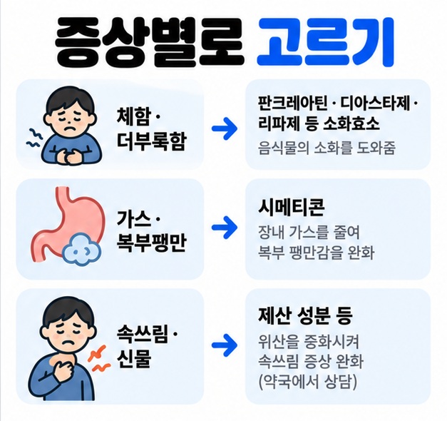 체함 더부룩함 가스 속쓰림 증상에 따라 확인할 소화제 성분을 비교한 카드뉴스