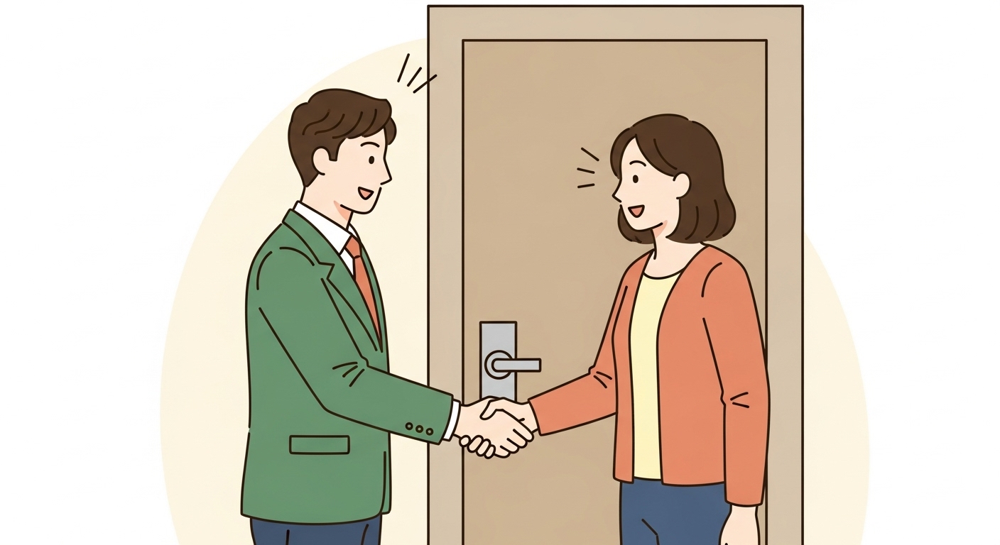 새 소유주와 기존 세입자가 원만하게 이사 합의를 하고 악수하는 명도 협상 성공 장면