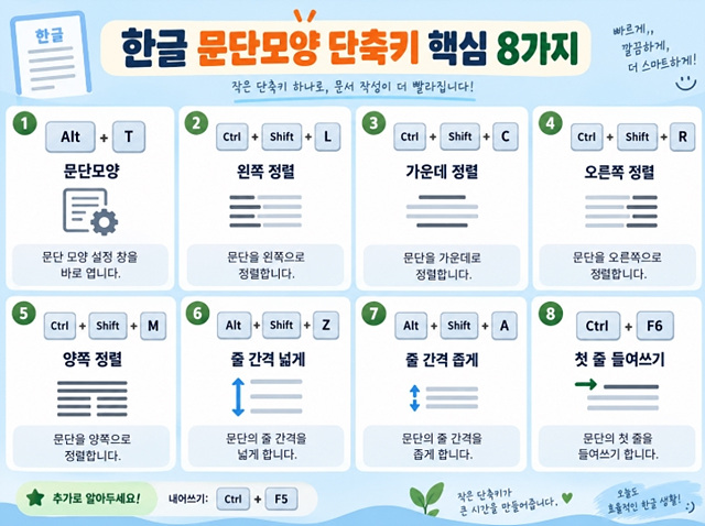 한글 글자모양&middot;문단모양 단축키｜자주 쓰는 서식 기능 한눈에 보기