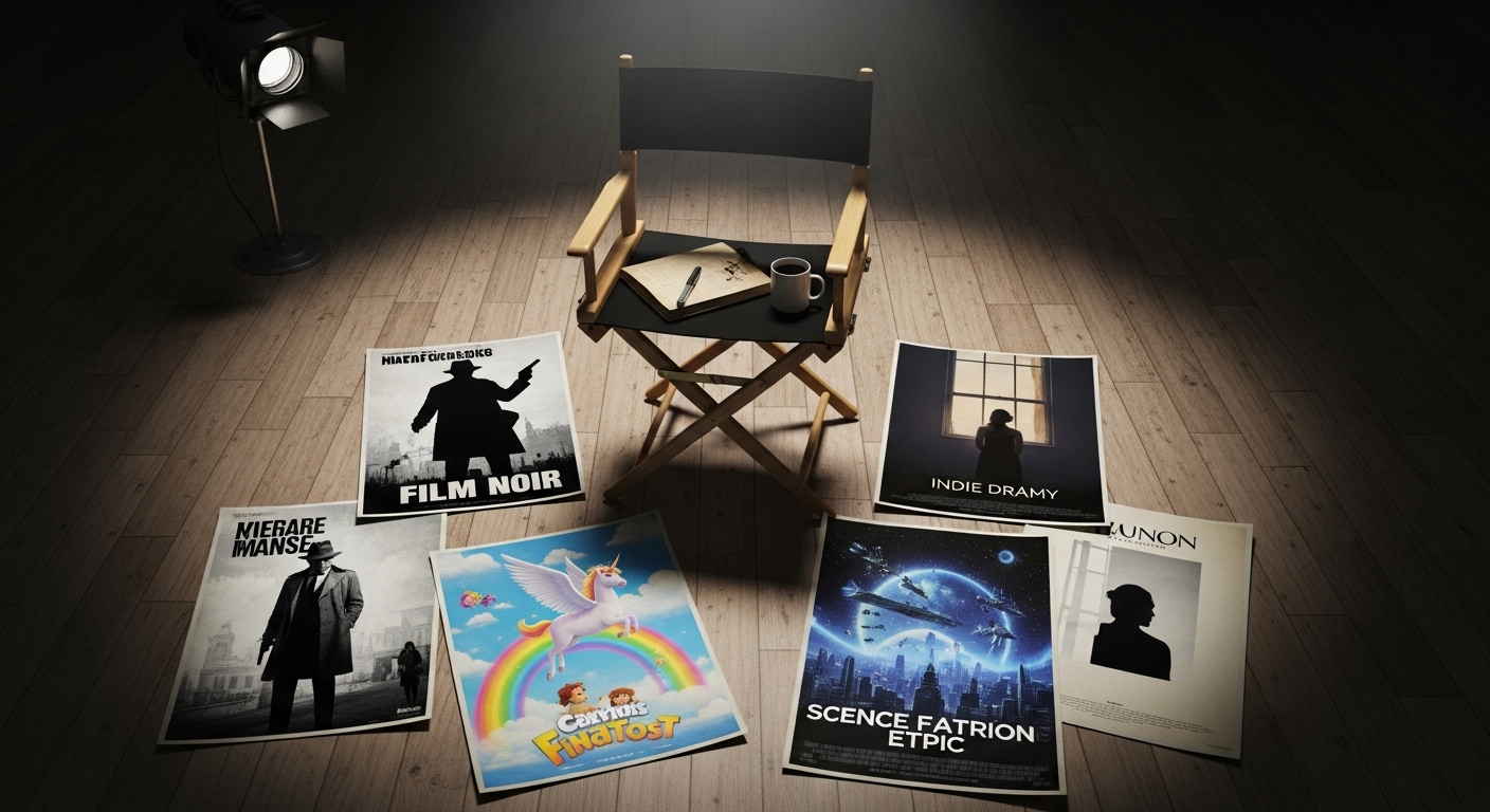 한 감독의 의자 앞에 전혀 다른 장르의 영화 포스터가 놓여있는 모습.