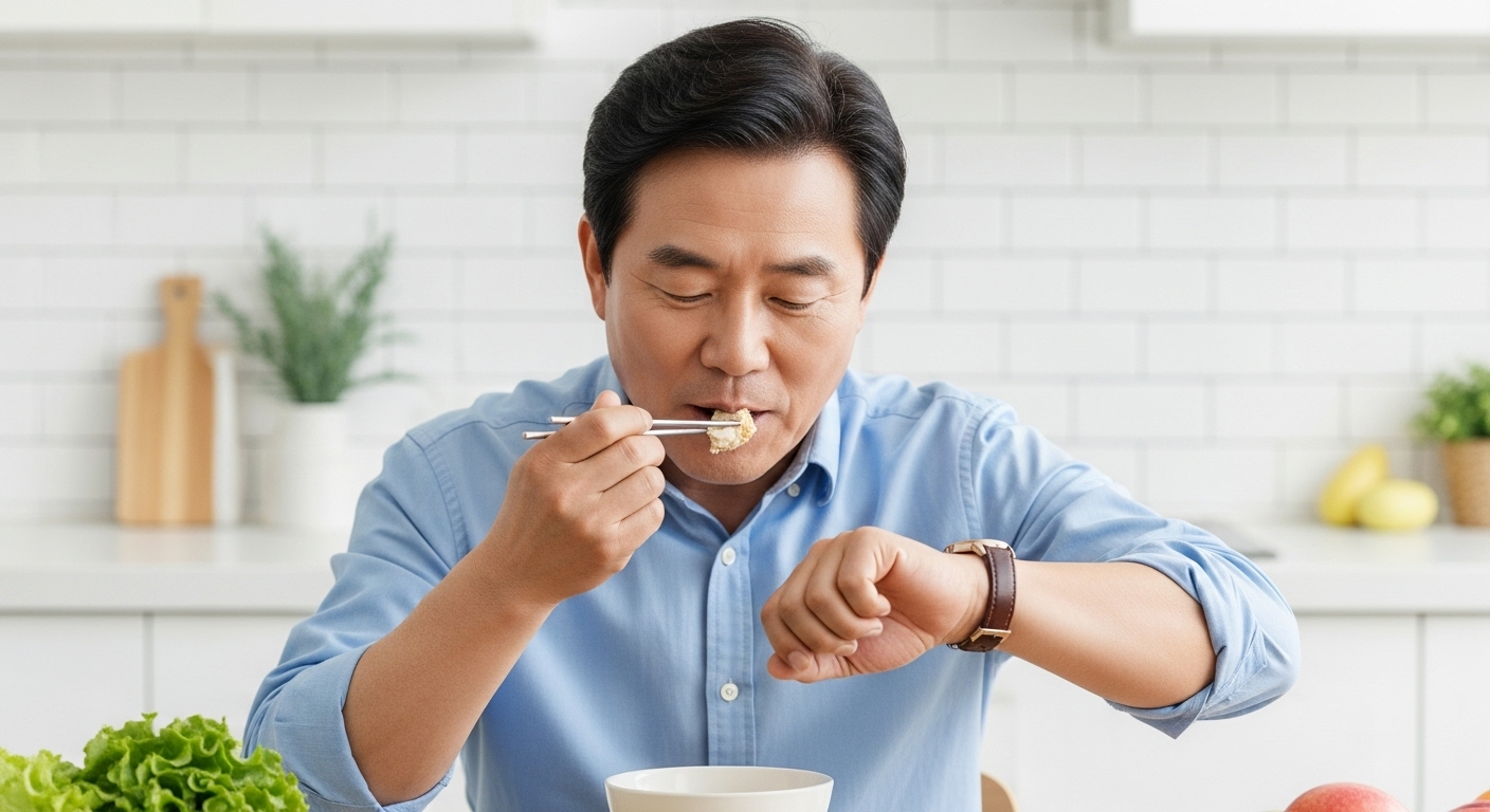 50대 한국 남성이 식사를 하면서 시계를 보고 천천히 음식을 씹는 모습