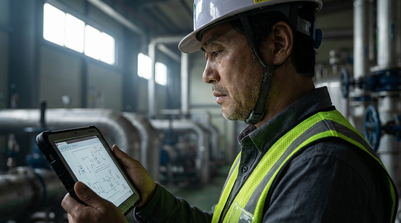 복잡한 설비 앞에서 집중하여 점검 업무를 수행 중인 한국인 공무 기술자의 모습