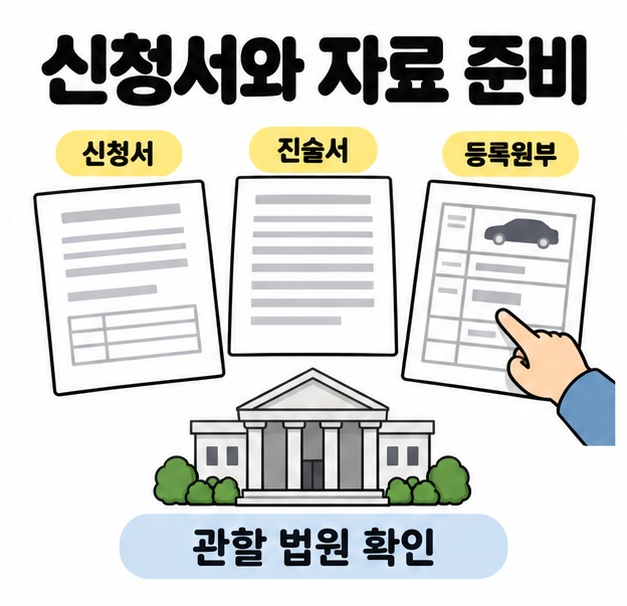 신청서와 진술서, 차량 그림이 있는 등록원부를 나란히 배치하고 손가락으로 등록원부를 확인하며 관할 법원 확인을 안내한 그림