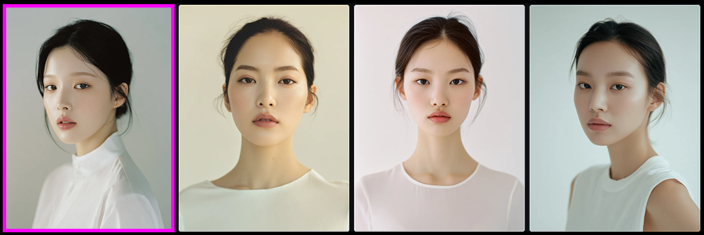 Eye-level 패션 화보 톤의 한국 여성 모델 기준 앵커 이미지_Midjourney