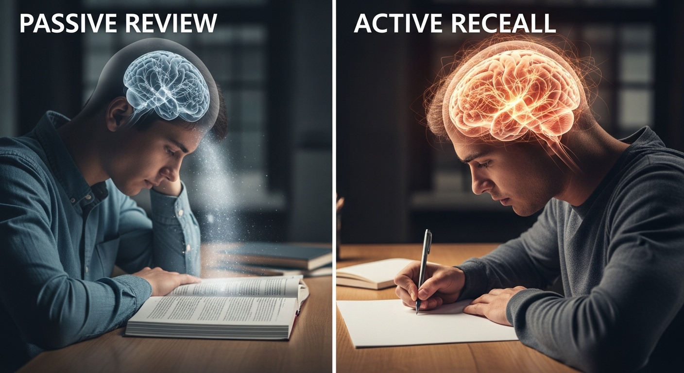 수동적 복습과 능동적 인출 연습 비교. 책을 다시 읽는 것보다, 배운 내용을 스스로 떠올려보는 인출 연습이 뇌 신경망을 더 강하게 활성화시킵니다.
