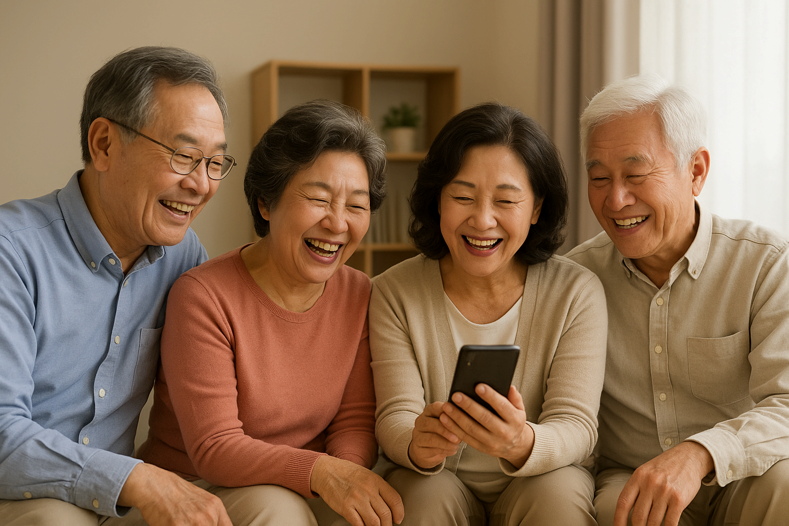 중년 부부와 노년 부부 네 명이 소파에 붙어 앉아, 중년 여성이 손에 들고 있는 핸드폰을 다함께 보며 웃고 있는 모습으로 관계는 연락으로 이어진다는 의미로 연결