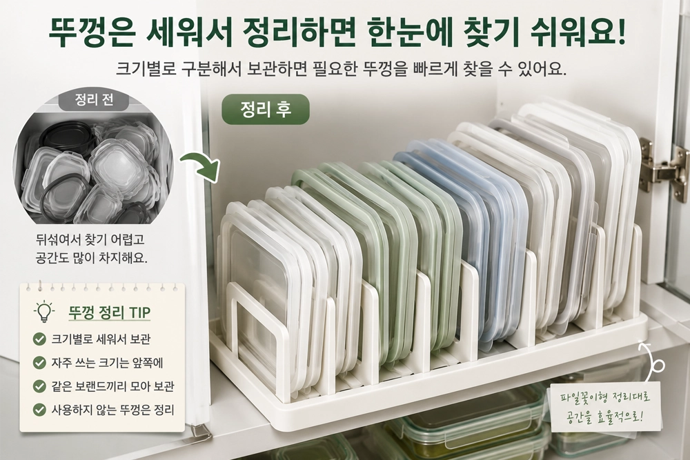 밀폐용기 뚜껑을 크기별로 세워 정리한 주방 수납 예시와 정리 전후를 비교한 이미지