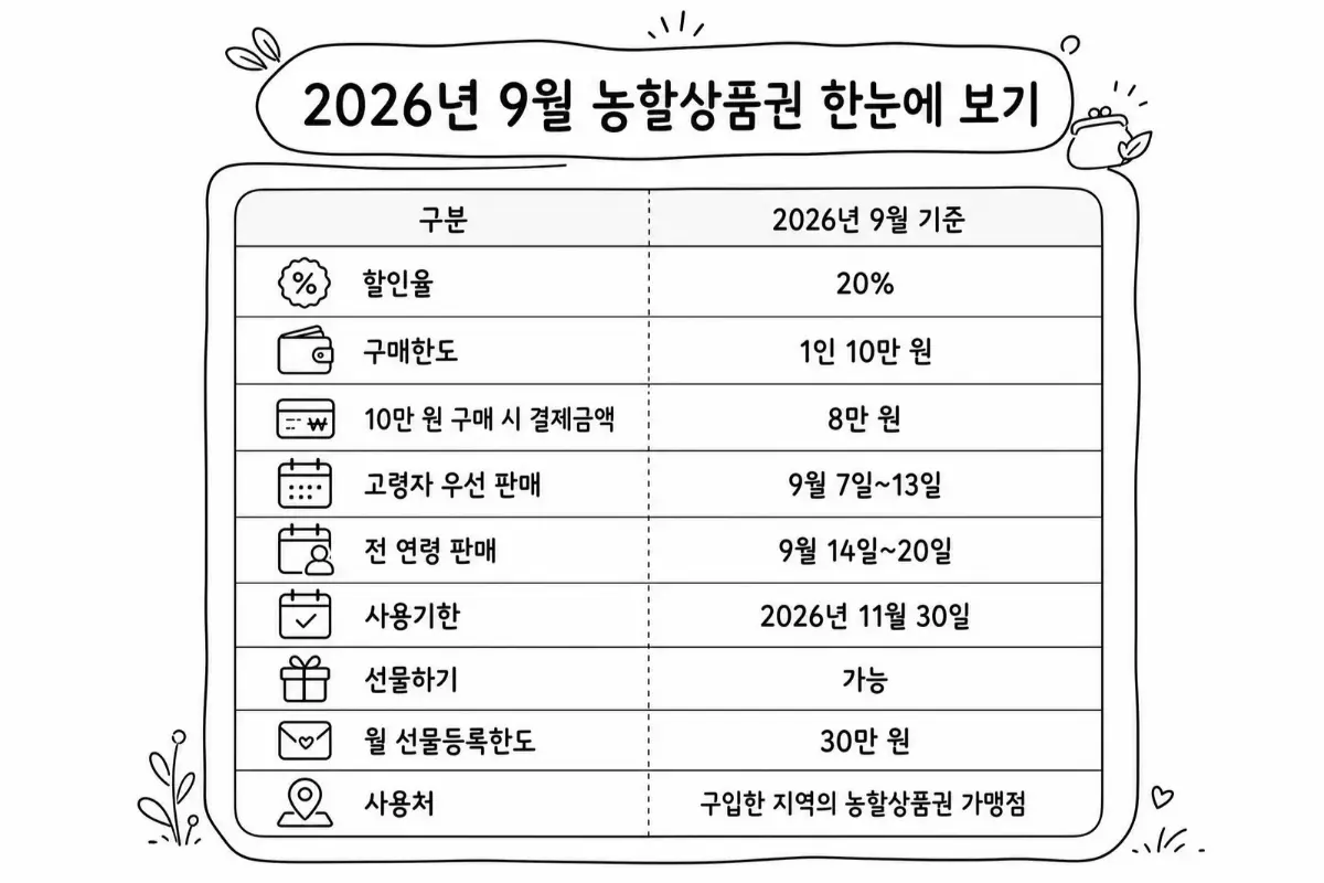 2026년 9월 농할상품권 주요 조건을 한눈에 정리한 안내 이미지