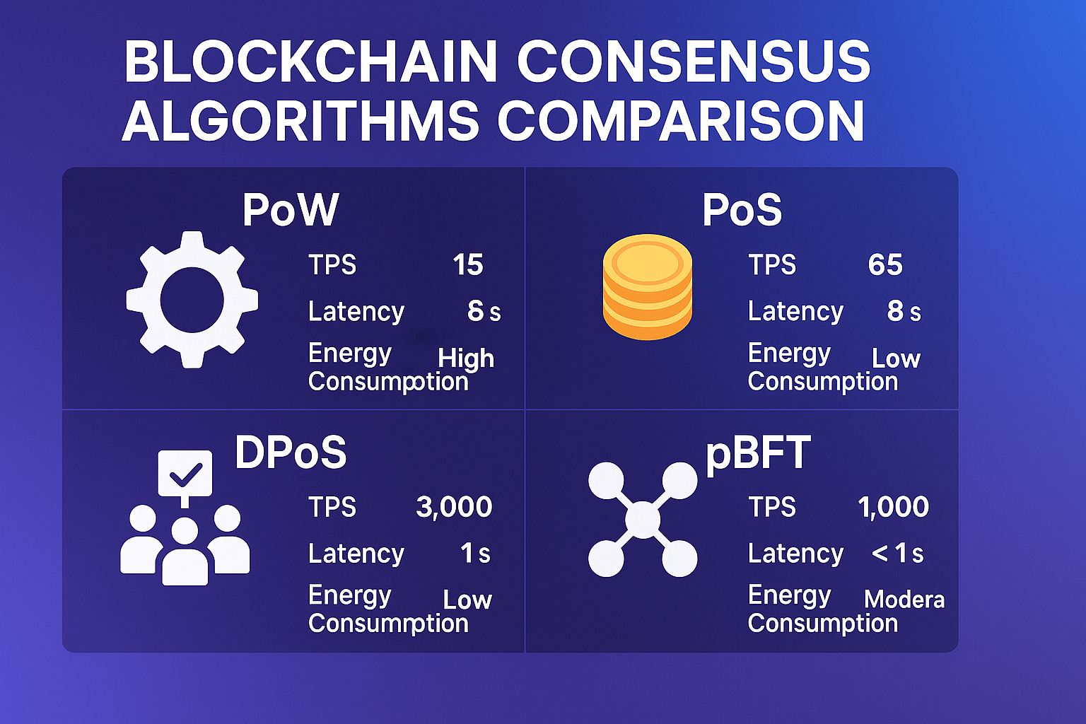 Blockchain consensus algorithms performance comparison infographic showing PoW, PoS, DPoS, and pBFT with TPS, latency, and energy consumption metrics