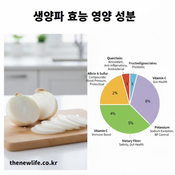 생양파 효능 영양 성분을 나타낸 이미지로, 슬라이스된 생양파와 퀘르세틴·식이섬유·칼륨·비타민 C·황화합물 비율을 보여주는 그래프