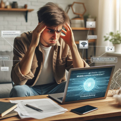 사이버 네트워크 문제로 머리를 감싸 쥔 남성, 노트북과 스마트폰 사용 중.