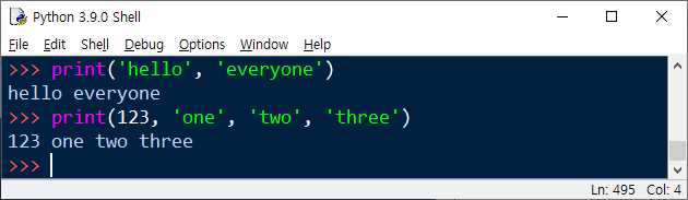 파이썬 print 함수에서 여러 데이터를 콤마를 이용해서 출력하는 예제