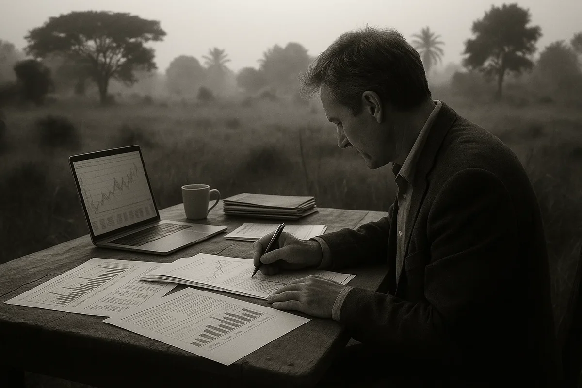노트북과 서류로 원격 재무 분석 중인 남성