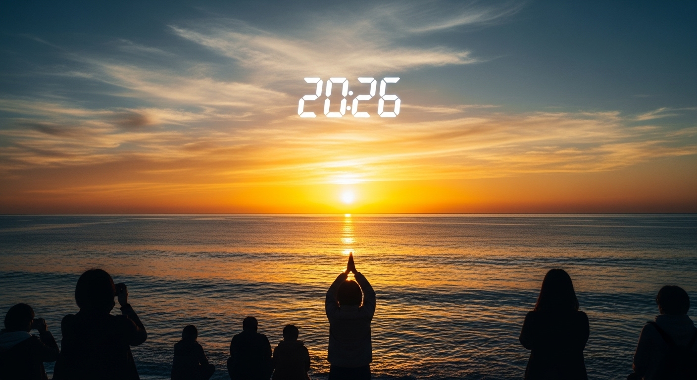 2026년 새해 첫날, 희망찬 일출을 바라보는 사람들의 실루엣이 담긴 아름다운 해변 풍경