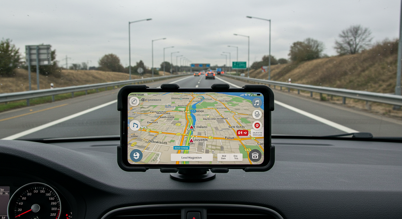 유럽 고속도로에서 차량용 내비게이션으로 Sygic 오프라인 지도를 사용하는 모습.