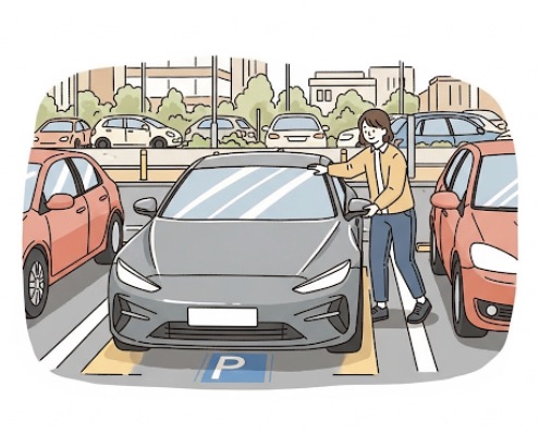 복잡한 주차 공간에서 평행주차 하는 모습 사진