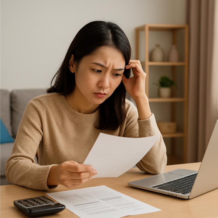 거실에서 문서를 집중해서 읽고 있는 여성의 모습