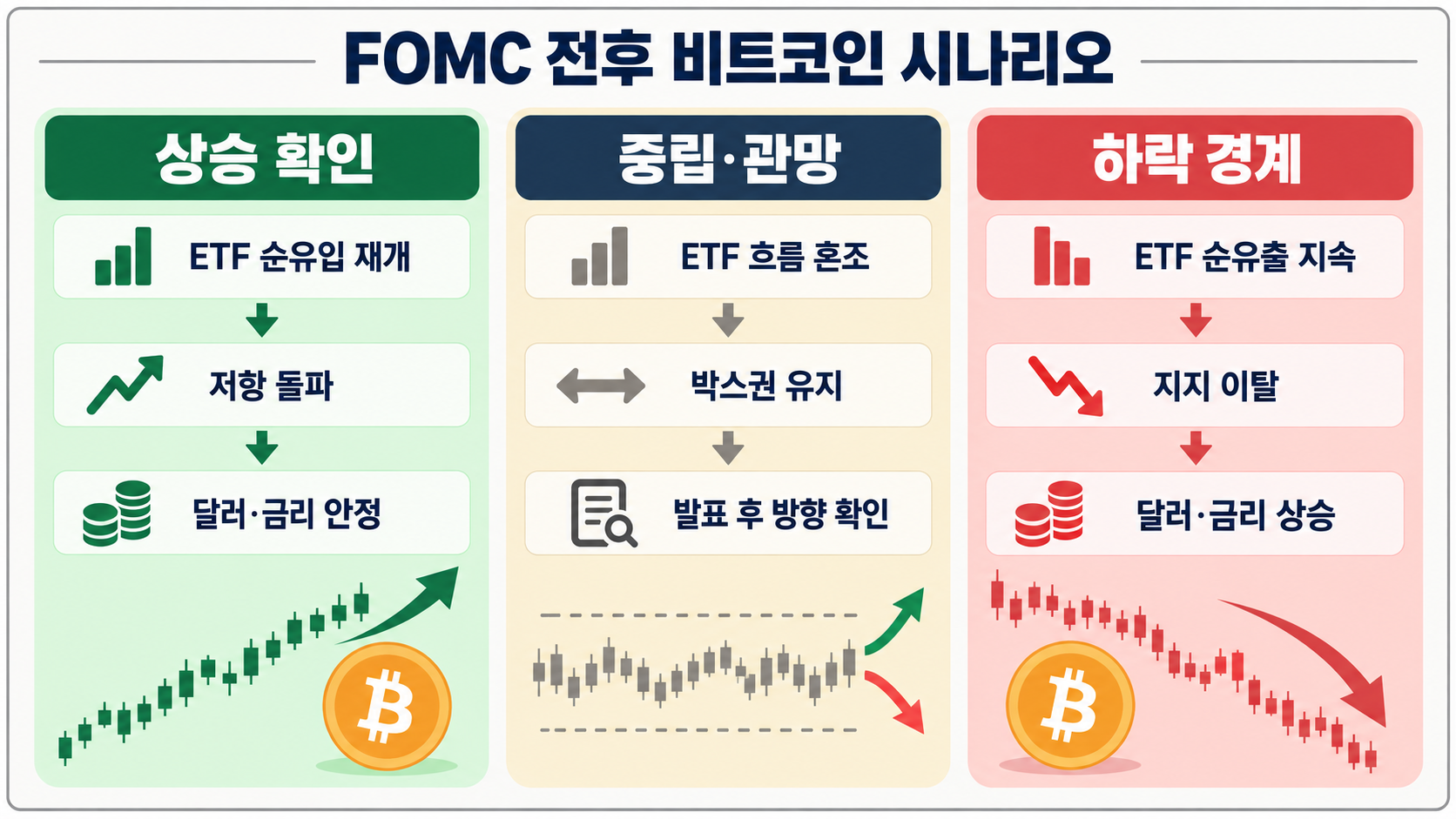 FOMC 전후 ETF 흐름과 달러 금리에 따른 비트코인 상승 중립 하락 시나리오