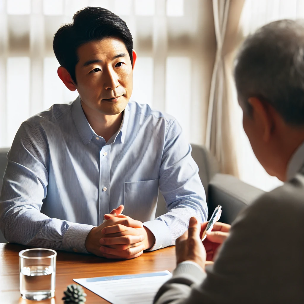 노년 한국인이 인터뷰 기술을 연습하는 장면. 테이블을 사이에 두고 한 사람은 질문을 하고, 다른 사람은 진지하게 답변하며, 건설적이고 집중된 분위기를 조성함