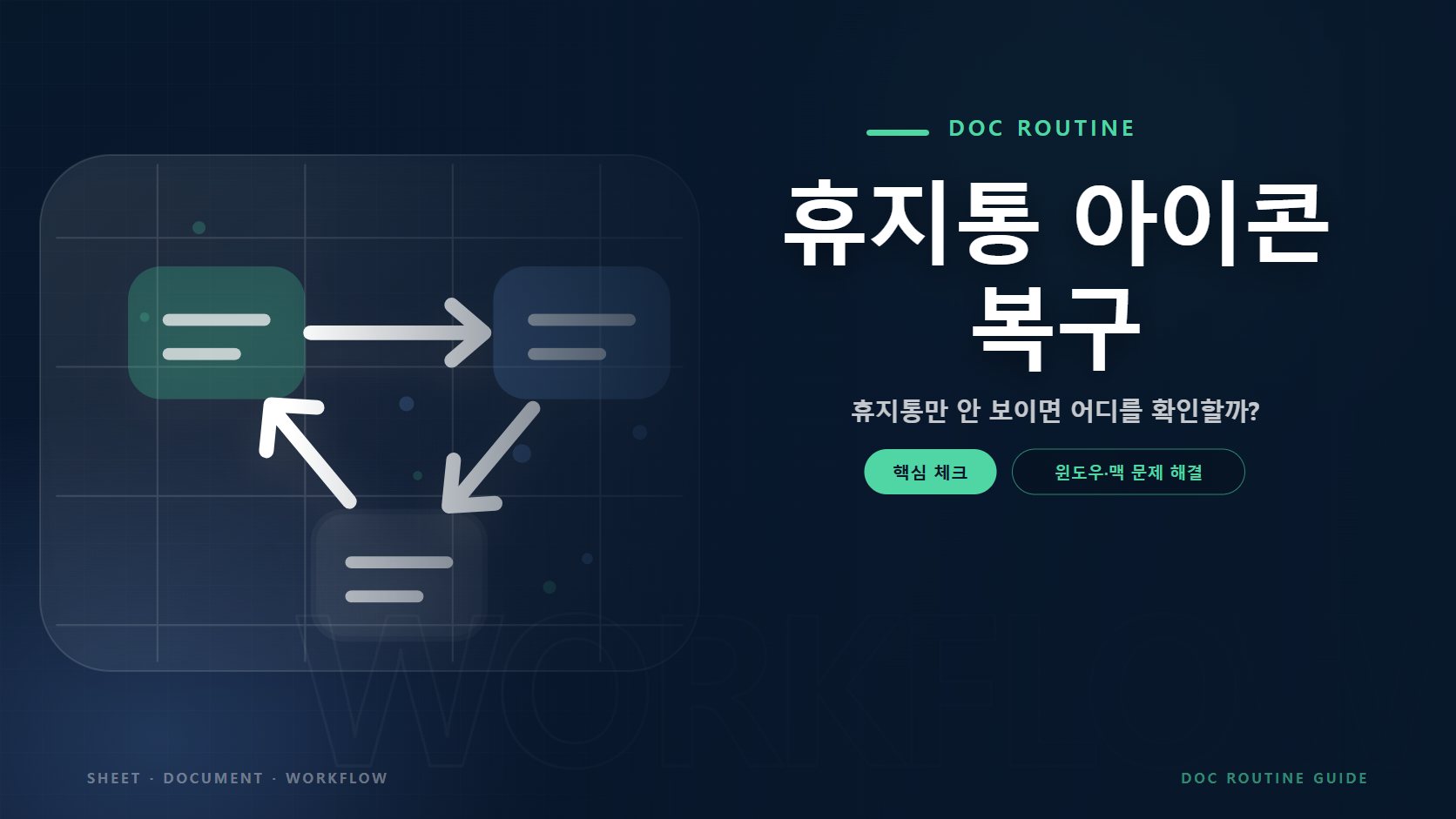 휴지통 아이콘 복구 문구와 문제 확인과 해결 절차를 연결한 안내 그래픽 요소를 담은 윈도우&middot;맥 문제 해결 가이드 대표 이미지