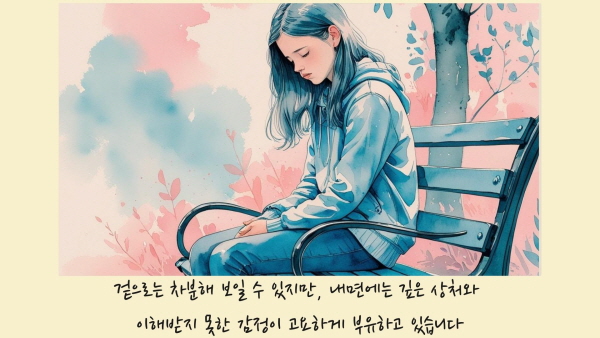 겉으로는 차분해 보일 수 있지만, 내면에는 깊은 상처와 이해받지 못한 감정이 고요하게 부유하고 있습니다에 관한 그림