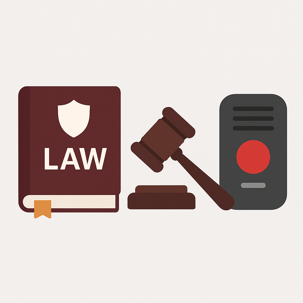 통화녹음의 합법성과 법적 보호를 상징하는 법률책, 판사 망치, 녹음기 아이콘 일러스트