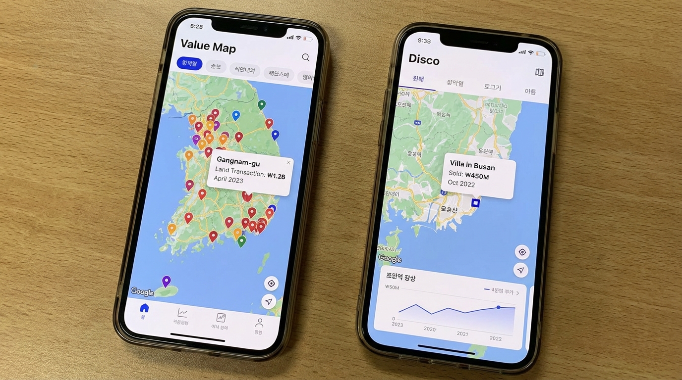 대한민국 지도를 기반으로 토지와 빌라의 과거 실거래 정보를 상세히 보여주는 밸류맵과 디스코 어플 화면