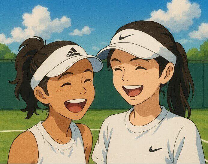 레일라 페르난데스와 엠마 라두카누가 잔디 코트에서 서로 환하게 웃고 있는 모습