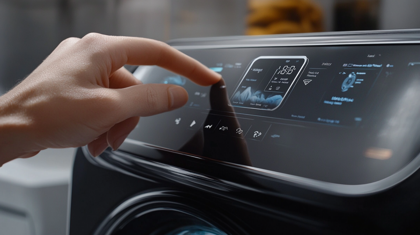 삼성 WD25DBBZF24C의 177.8mm 와이드 터치스크린, 직관적인 사용자 인터페이스와 AI 지원 세탁 설정을 매크로 샷으로 촬영한 모습