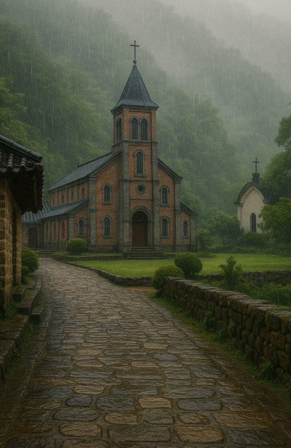 제천 배론성지 비내리는 성당 모습