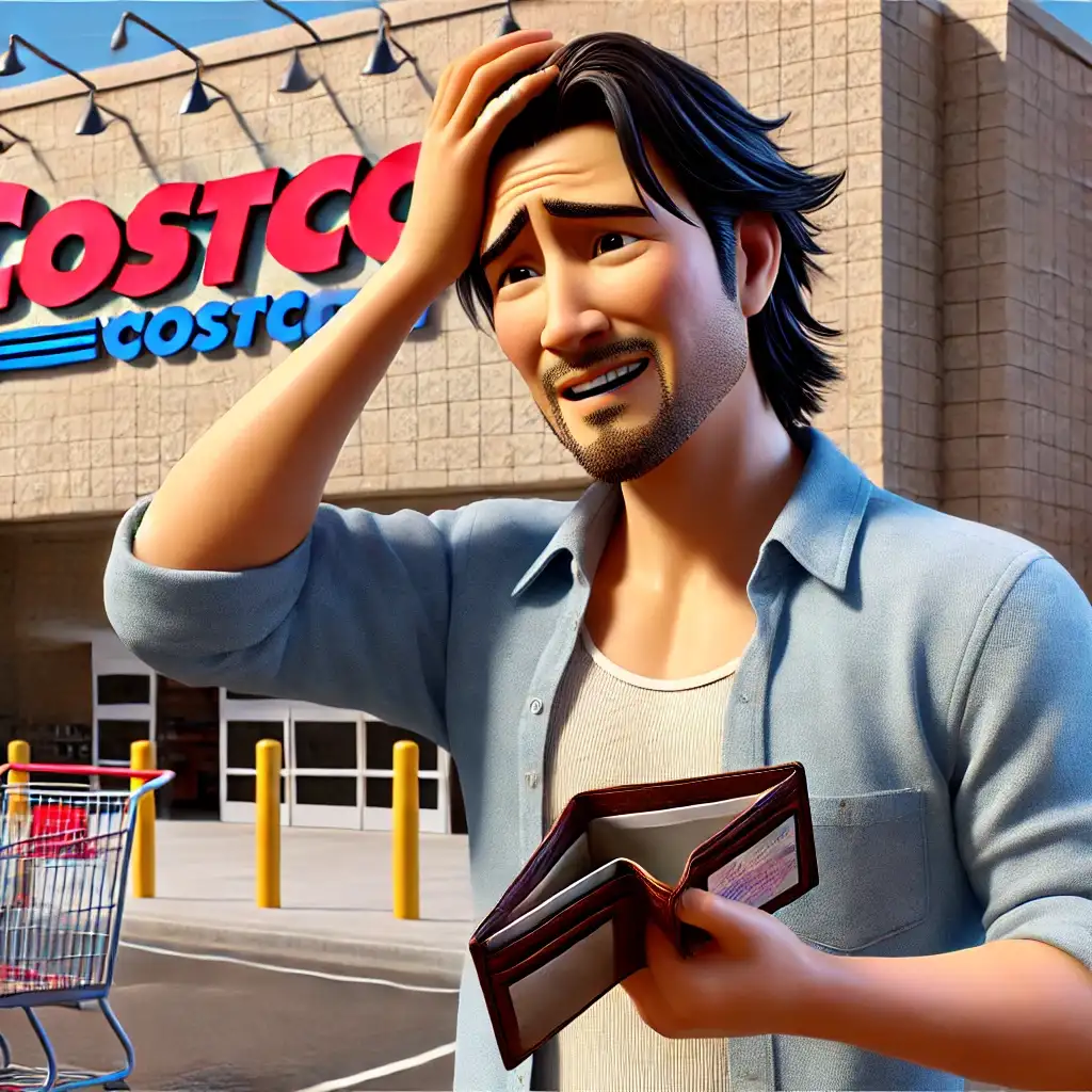 코스트코 앞에서 회원카드를 두고 와 난감해하는 중년 남성 라이더 캐릭터