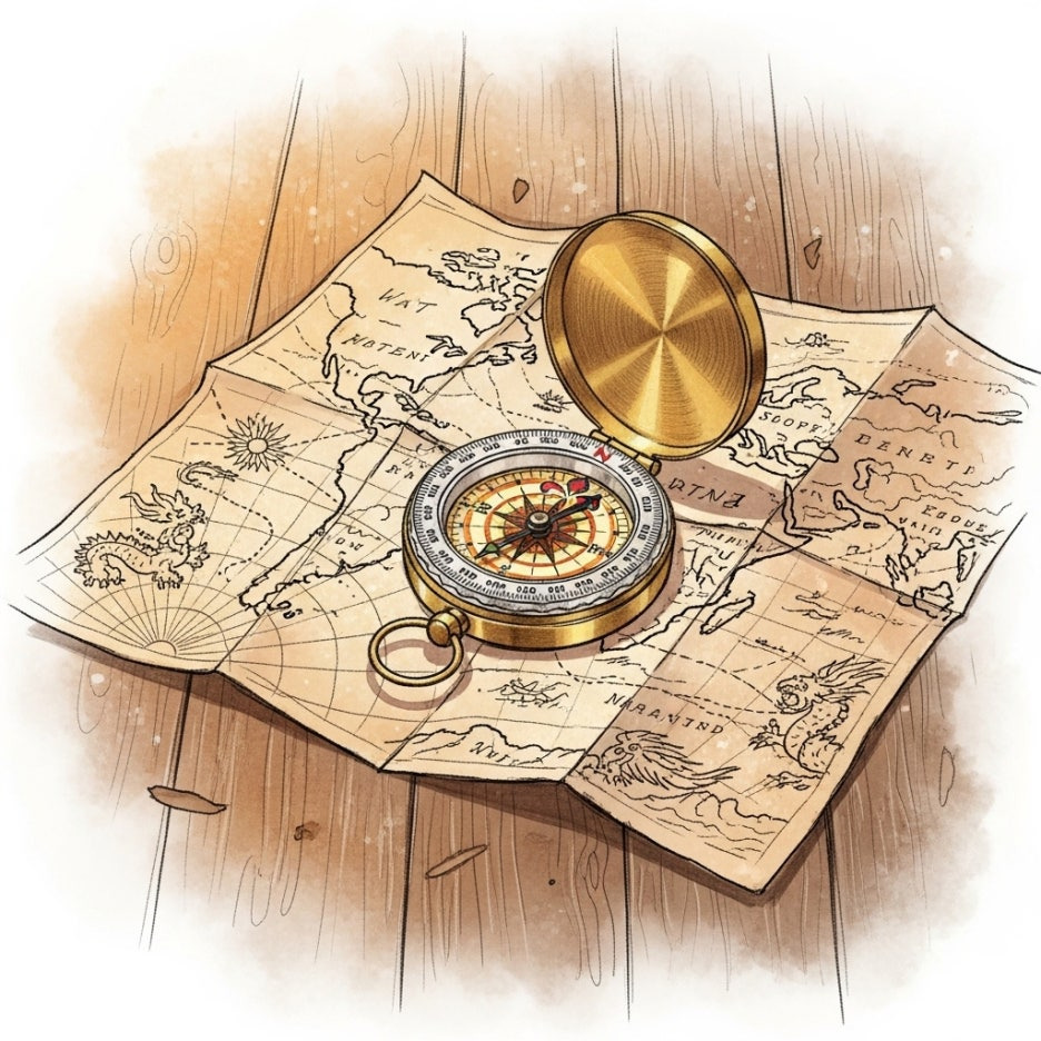 방향을 제시하는 나침반과 지도를 묘사한 연필 소묘
