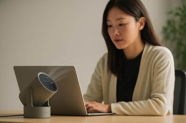 조용한 사무실에서 루메나 WARMER POT PRO 온풍기를 사용하는 모습