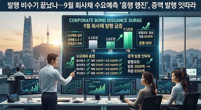 9월 회사채 수요예측 흥행과 증액 발행 현황을 보여주는 금융 시장 이미지.