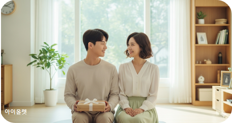 웃으며 서로를 바라보는 젊은 부부