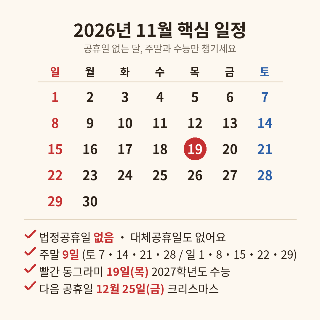 2026년 11월 달력과 핵심 일정을 정리한 카드 이미지