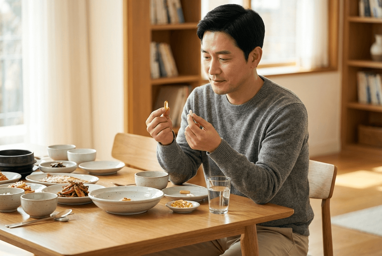 오메가3 캡슐과 비타민D 병을 나란히 놓고, 화살표로 시너지 효과를 표현한 구성, 한국인 40대 남성이 식사 후 복용하는 모습