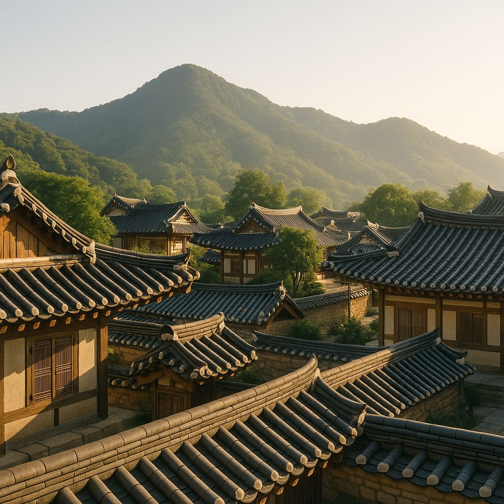 고요한 아침 햇살 속 한국 전통 한옥마을의 기와지붕과 뒷산 풍경