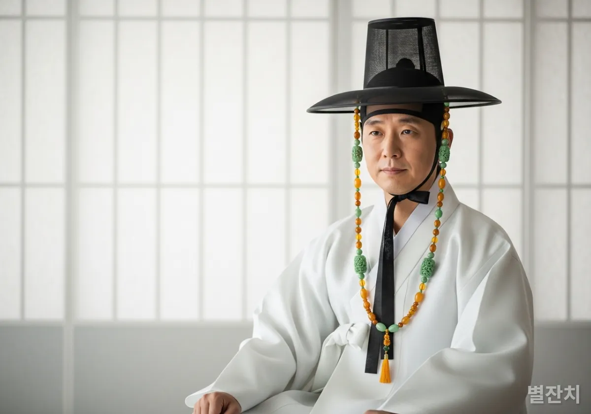 흰 도포와 검은 갓의 강렬한 대비, 그리고 화려한 갓끈이 돋보이는 조선 패션 이미지